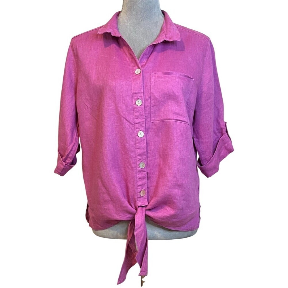 100% Linen Front Tie Blouse Pink S Breathable Summer Spring Beach